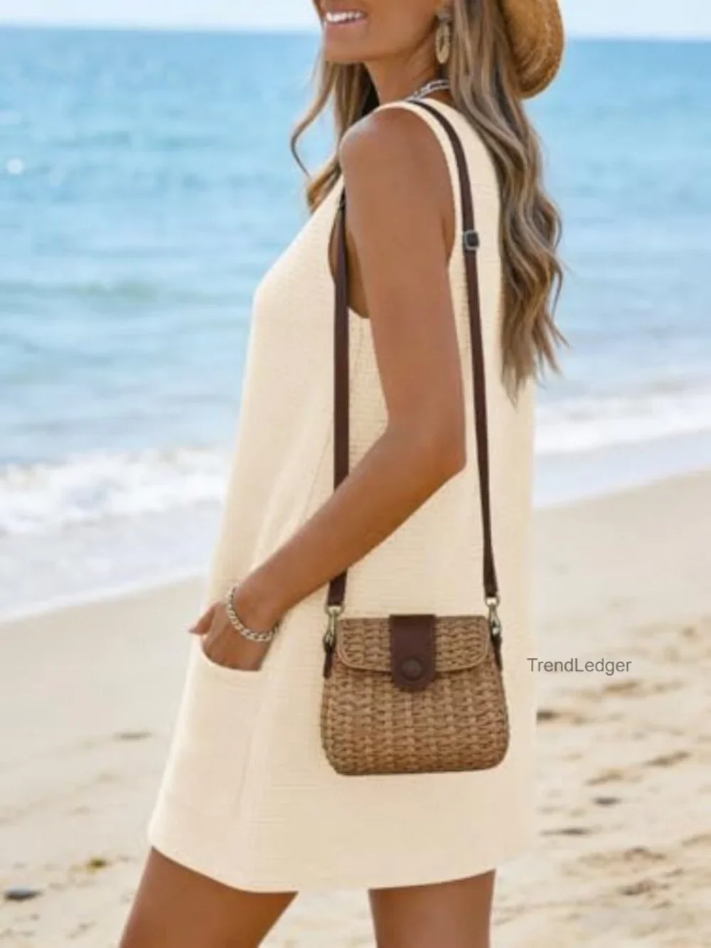 Waffle Knit V Neck Sleeveless Beach Cover Up Dress with Pockets